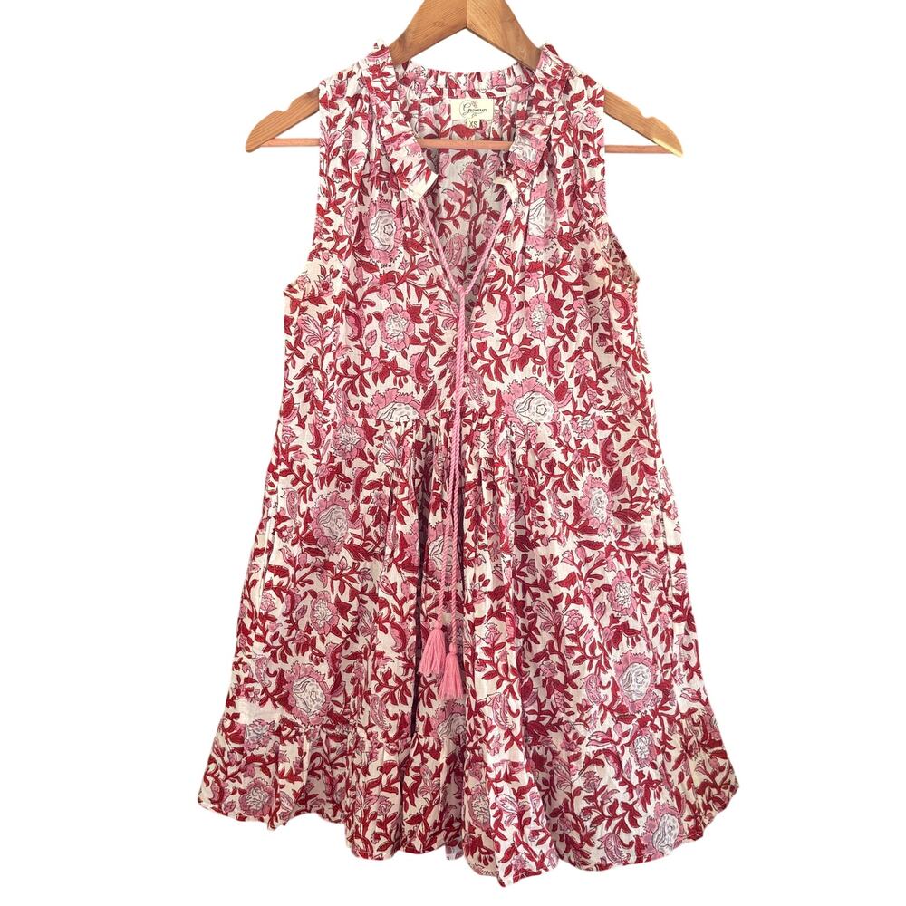 Growkrati Block Print Floral Dress XS Red Pink Shift Tassel Western Boho Cottage
